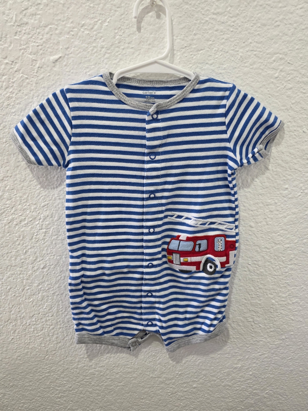 Carter's Blue & White Striped Romper with Red Fire Truck